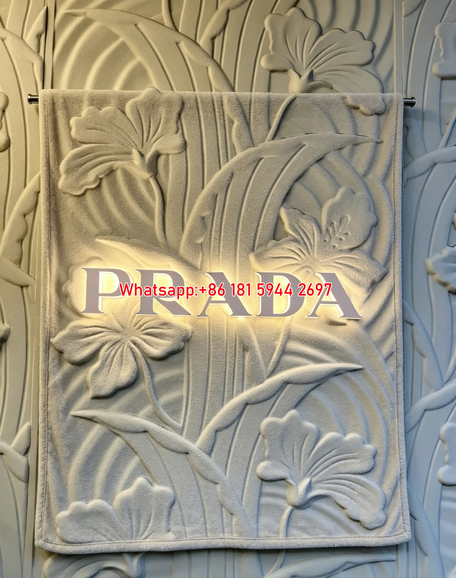 Prada Off White Floral Embossed Texture Print Flannel Throw Blanket IMG_2770